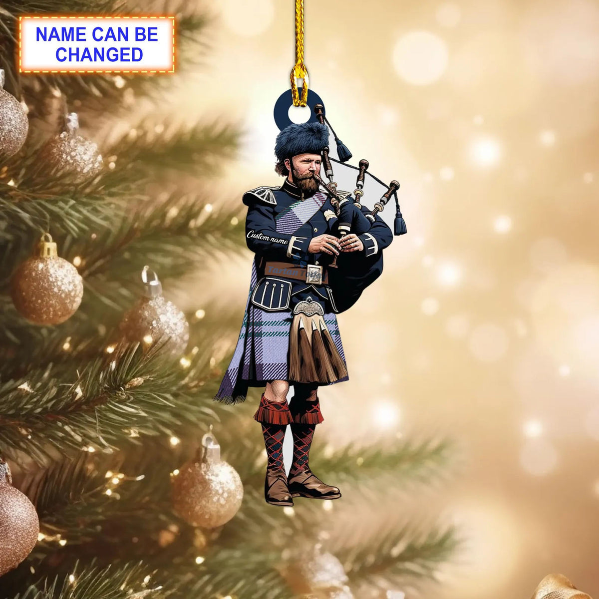 Gigha Lilac Modern Tartan Bagpipe Ornament with Custom Name