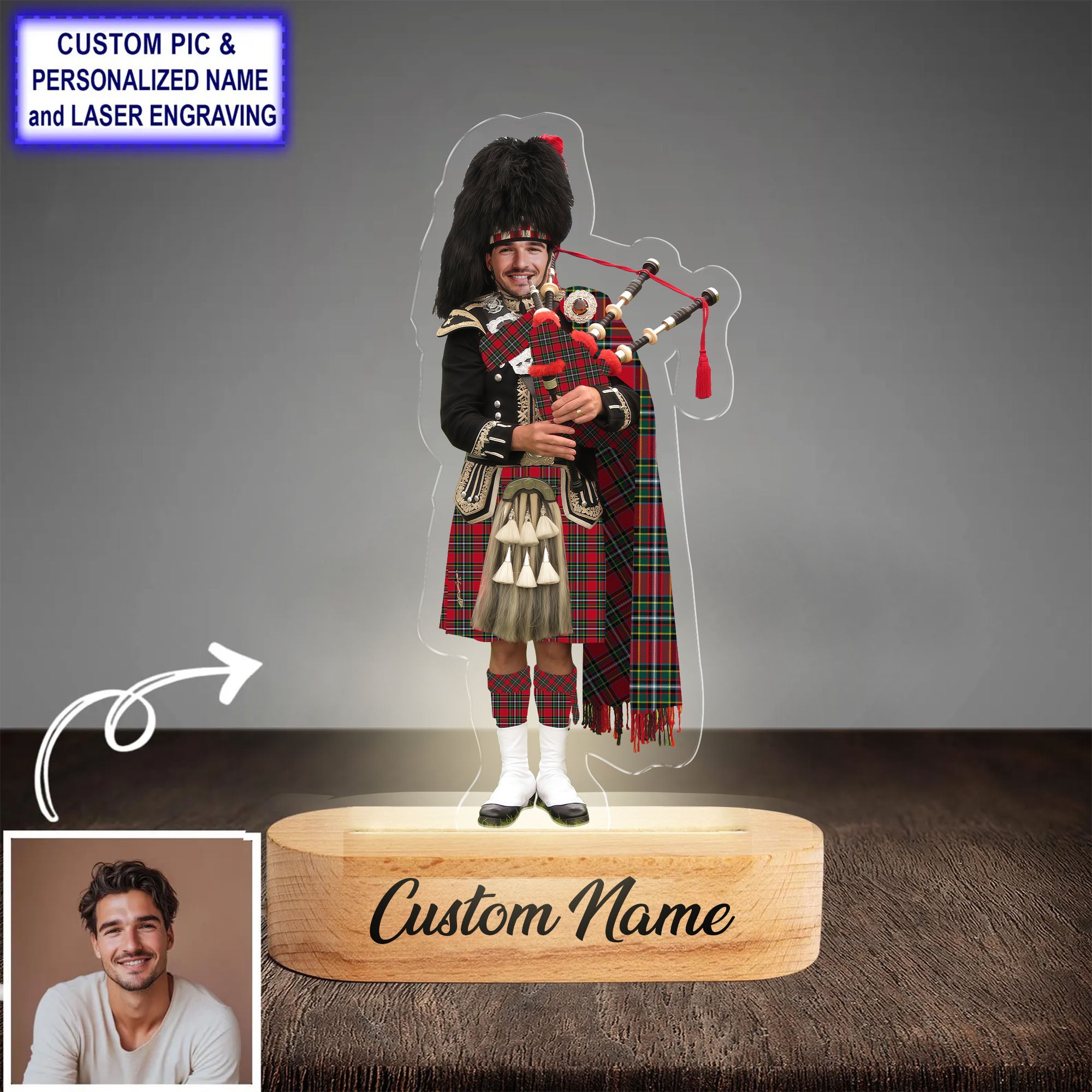 Custom Bagpipe Gillespie Tartan LED Night Light - Personalized Scottish Bagpiper Figurine with Wooden Stand