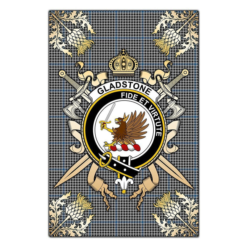 Clan Gladstone Tartan Crest Black Garden Flag  - Gold Thistle  DB71 Clan Garden Tartan Today   