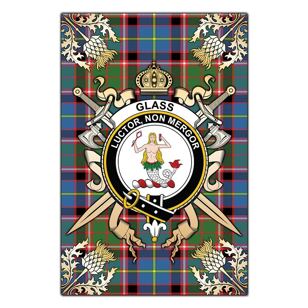 Clan Glass Tartan Crest Black Garden Flag  - Gold Thistle  BO72 Clan Glass Tartan Today   