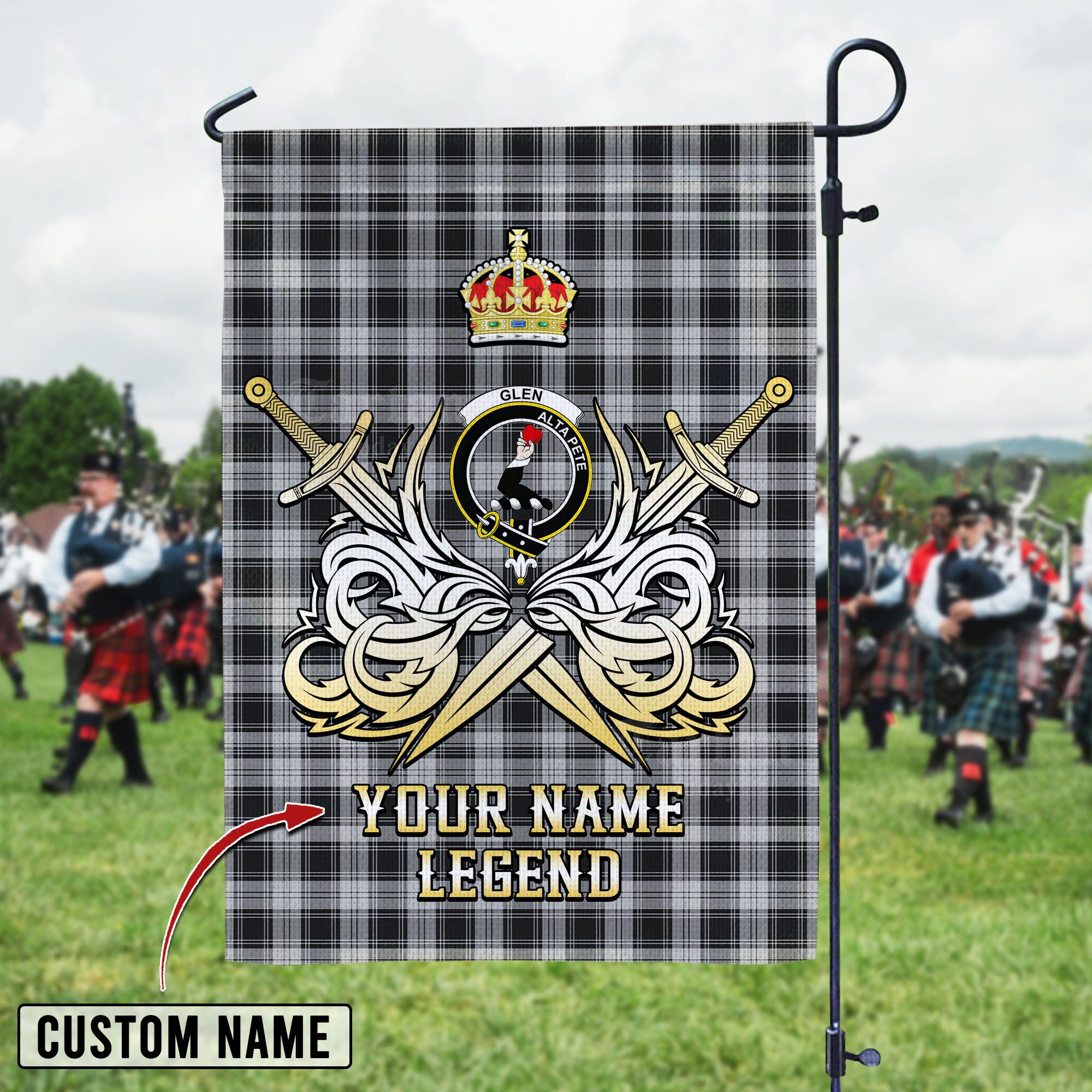 Personalized Custom Name Clan Glen Tartan Garden Flag with Clan Crest and the Golden Sword of Courageous Legacy GO44 - Glen Tartan Design, Scottish Heritage Gift