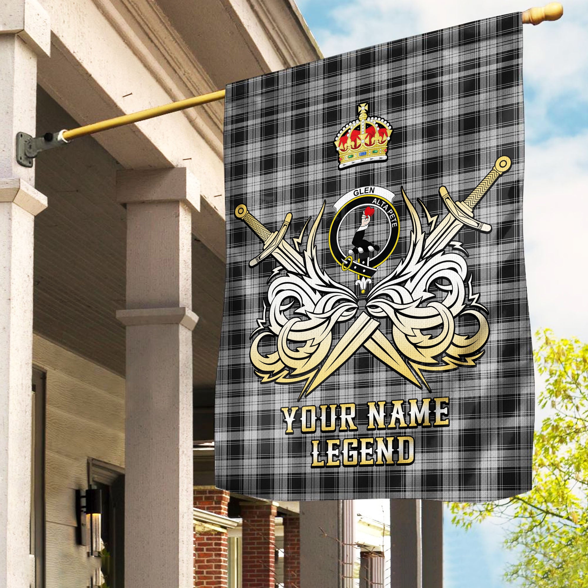 Custom Name Clan Glen Tartan Garden Flag with Clan Crest and the Golden Sword of Courageous Legacy GO44
