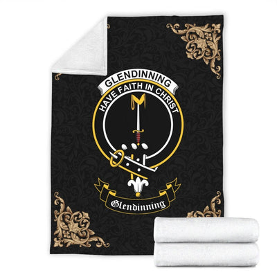 Clan Glendinning Crest Tartan Premium Blanket Black