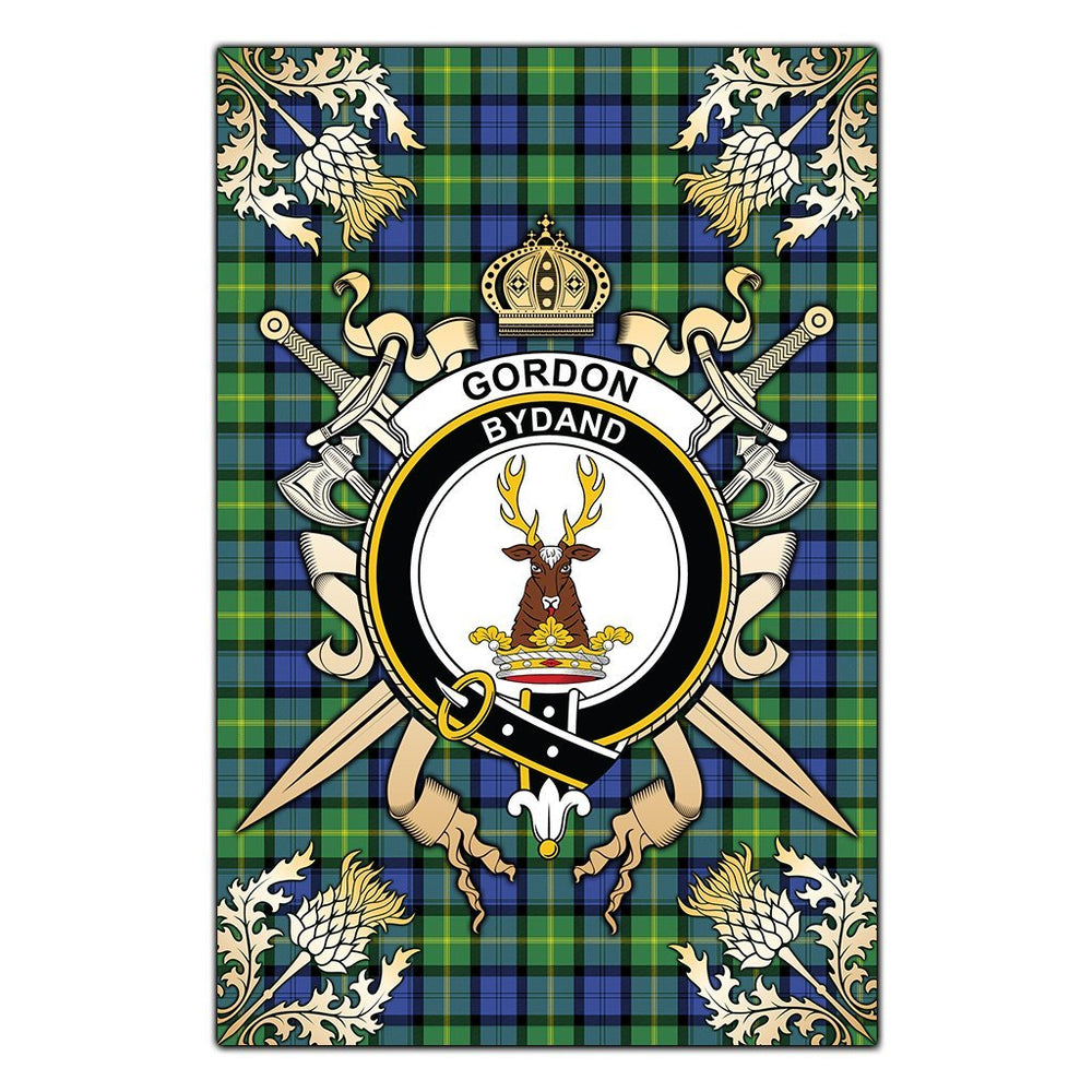 Clan Gordon Old Ancient Tartan Crest Black Garden Flag  - Gold Thistle  VU65 Clan Gordon Tartan Today   