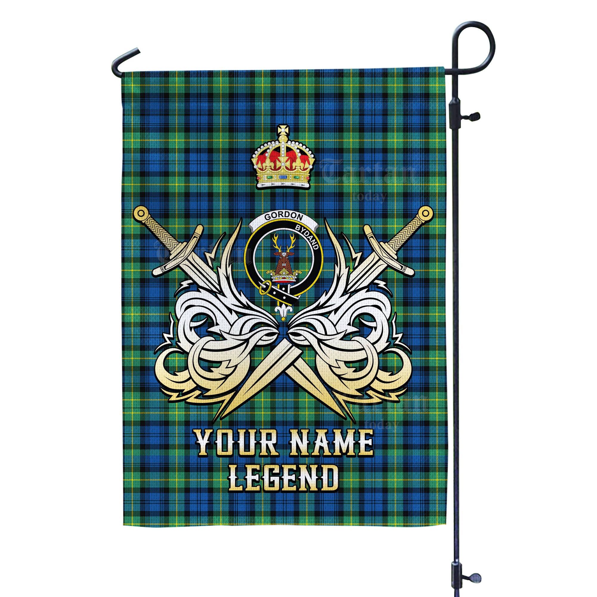 Custom Name Clan Gordon Ancient Tartan Garden Flag with Clan Crest and the Golden Sword of Courageous Legacy CF42