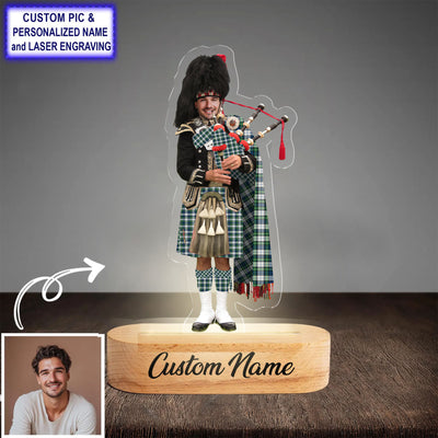Custom Bagpipe Gordon Dress Ancient Tartan LED Night Light - Personalized Scottish Bagpiper Figurine with Wooden Stand
