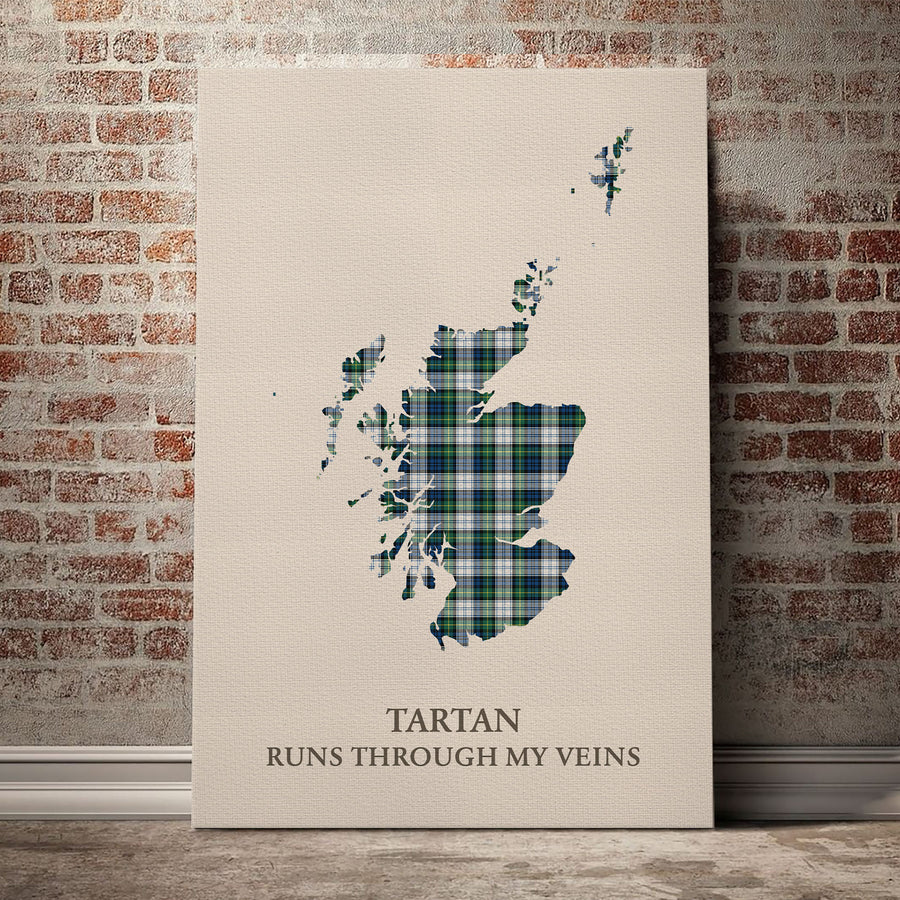 Gordon Dress Ancient Tartan Scotland Map Canvas – “Tartan Runs Through My Veins” Wall Art