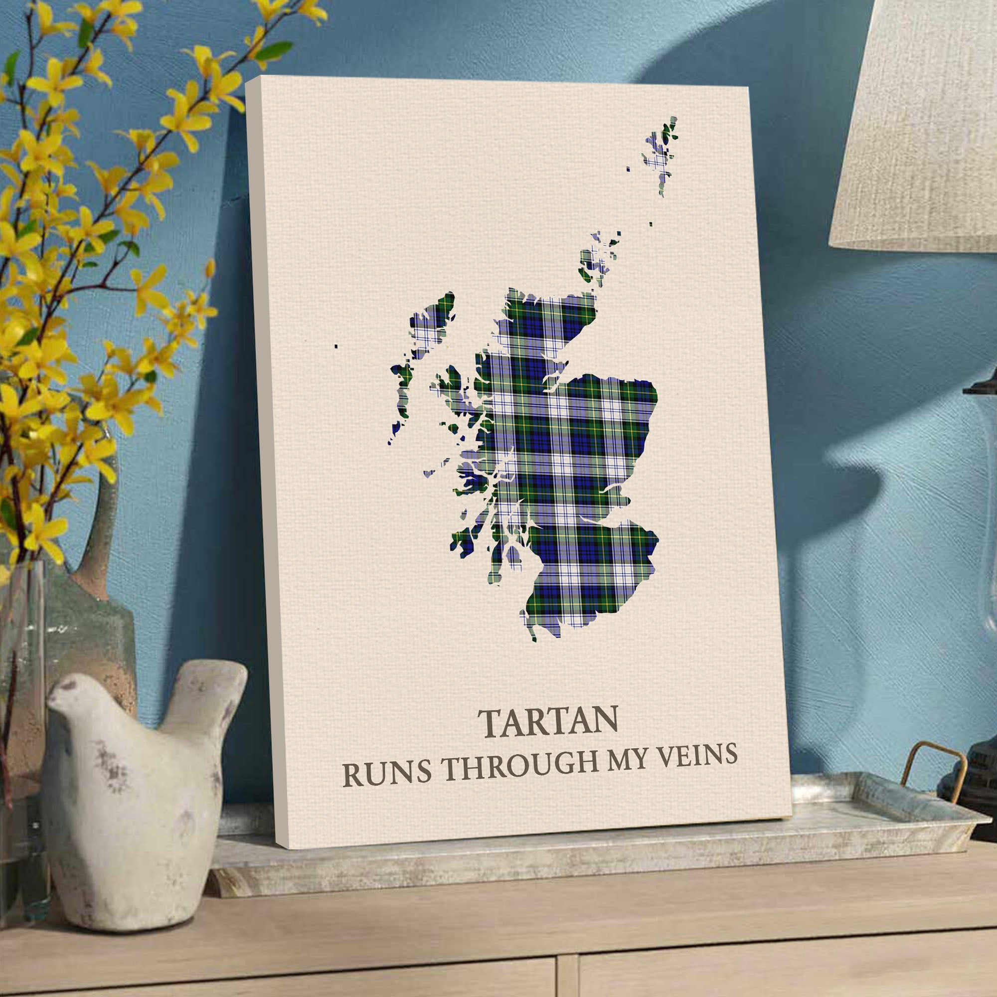 Clan Gordon Dress Modern Tartan Scotland Map Canvas “Tartan Runs Through My Veins” Wall Art VP93