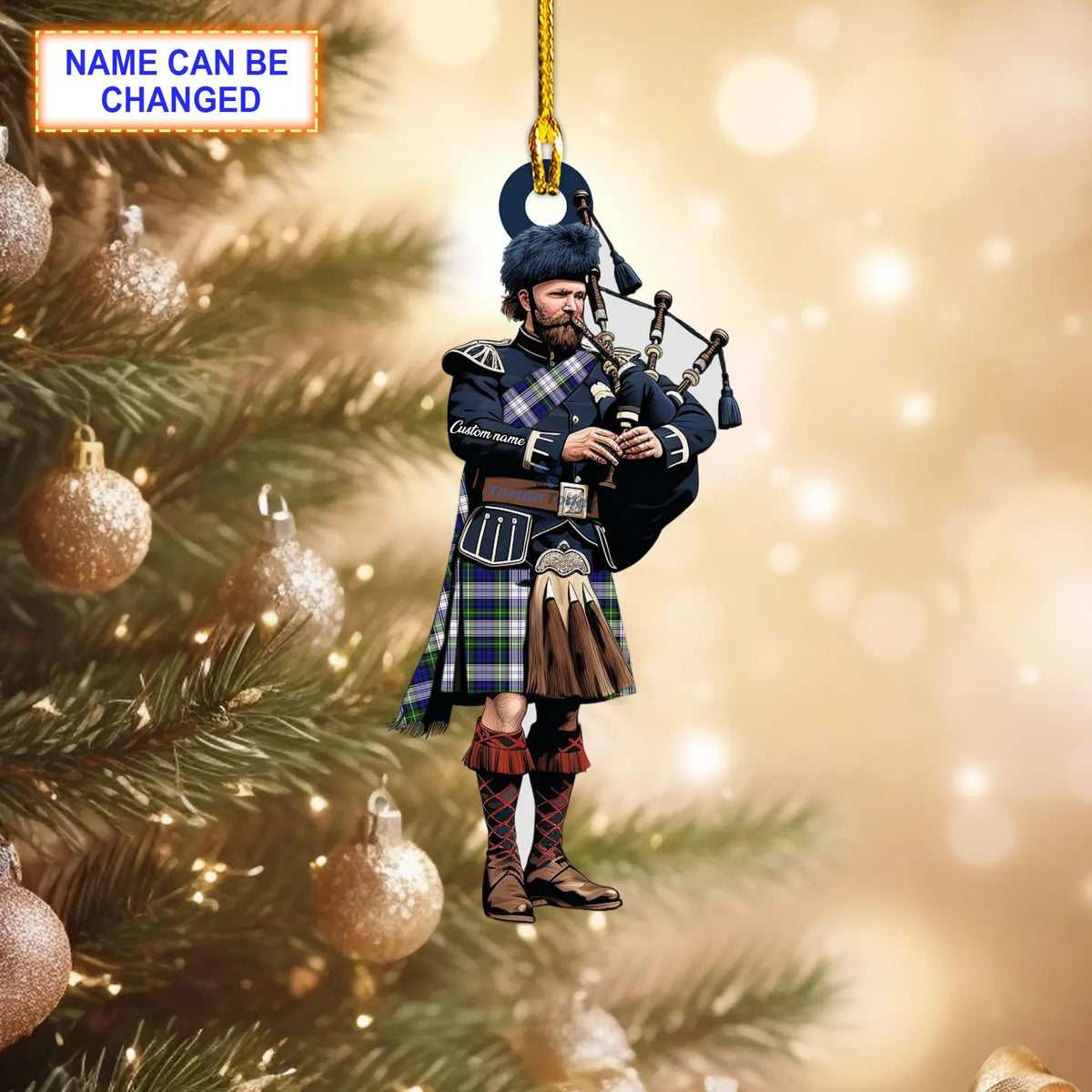 Personalized Clan Gordon Dress Modern Tartan Bagpipe Ornament with Custom Name – Scottish Christmas Tree Decoration NN91