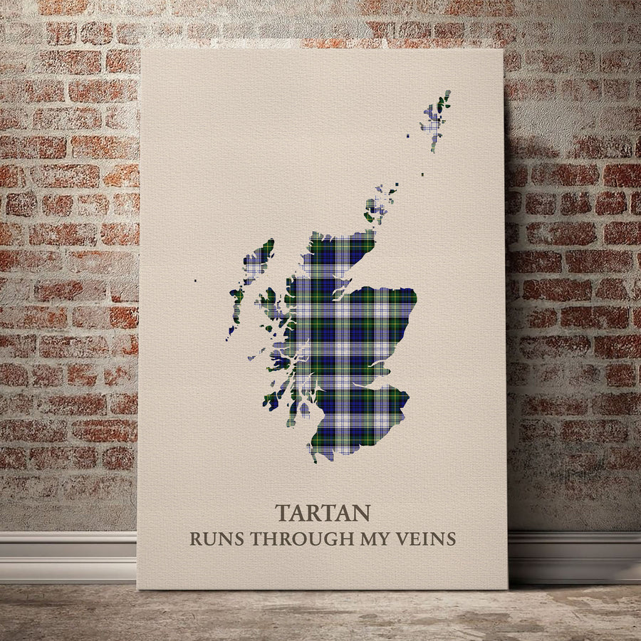Gordon Dress Modern Tartan Scotland Map Canvas – “Tartan Runs Through My Veins” Wall Art