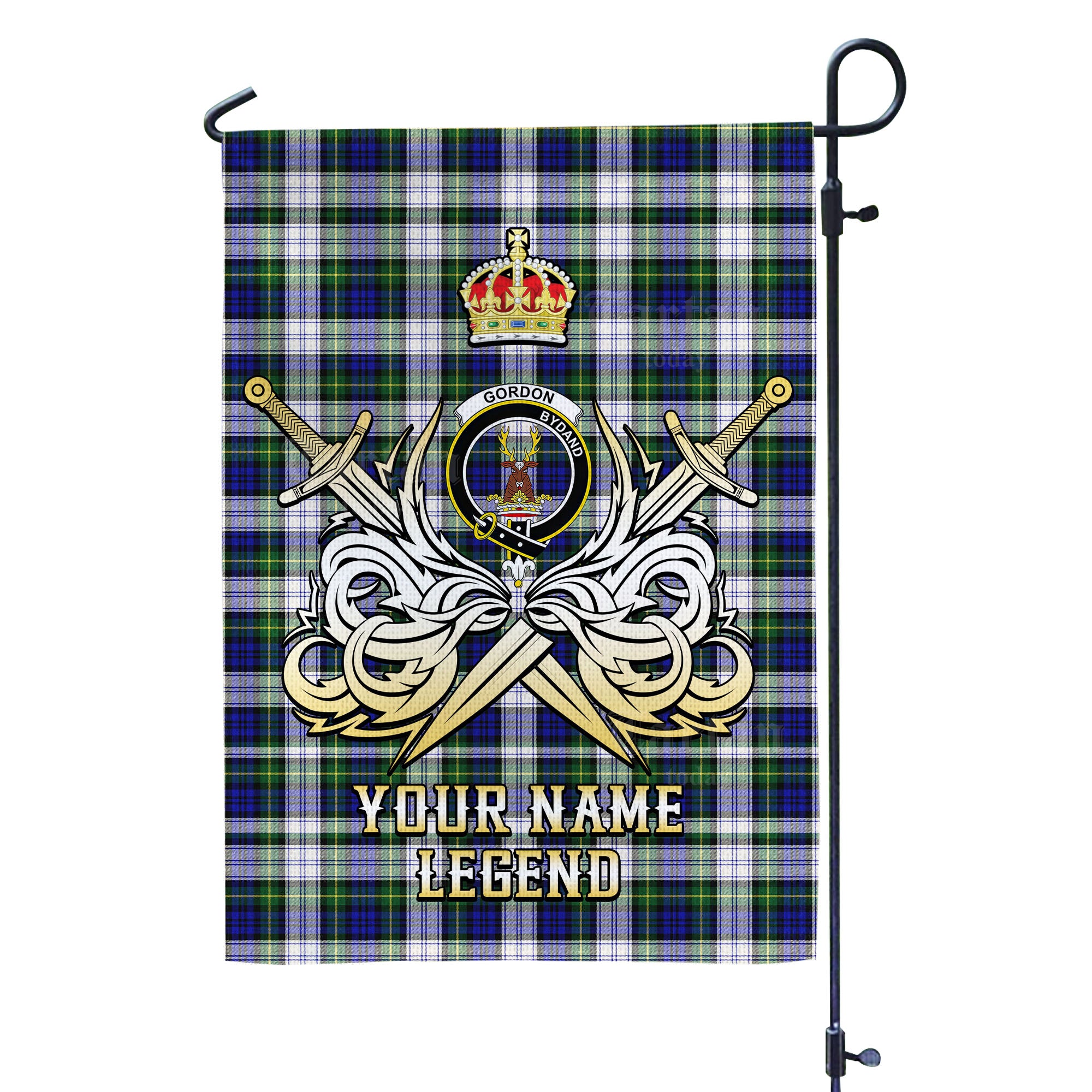 Custom Name Clan Gordon Dress Modern Tartan Garden Flag with Clan Crest and the Golden Sword of Courageous Legacy PP20