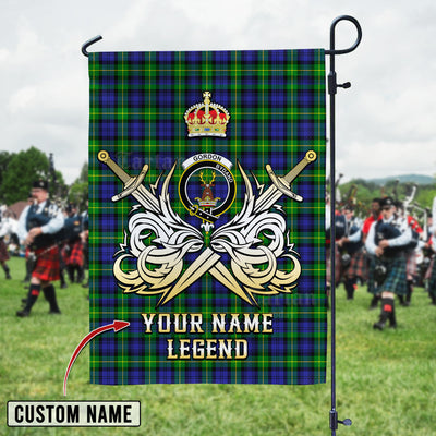 Custom Name Clan Gordon Modern Tartan Garden Flag with Clan Crest and the Golden Sword of Courageous Legacy IG86