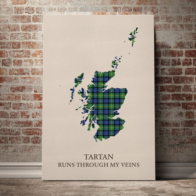 Clan Gordon Old Ancient Tartan Scotland Map Canvas “Tartan Runs Through My Veins” Wall Art NS49