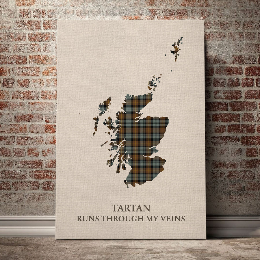 Gordon Weathered Tartan Scotland Map Canvas – “Tartan Runs Through My Veins” Wall Art