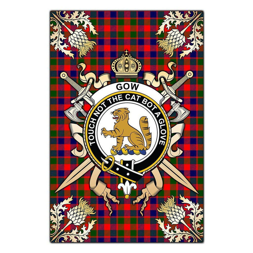 Clan Gow Modern Tartan Crest Black Garden Flag  - Gold Thistle  FJ82 Clan Gow Tartan Today   
