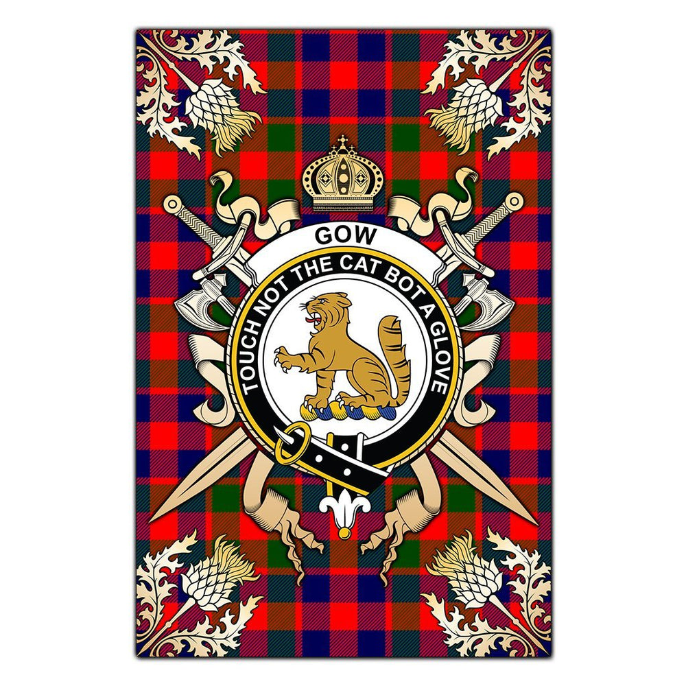 Clan Gow of McGouan Tartan Crest Black Garden Flag  - Gold Thistle  IN80 Clan Gow Tartan Today   