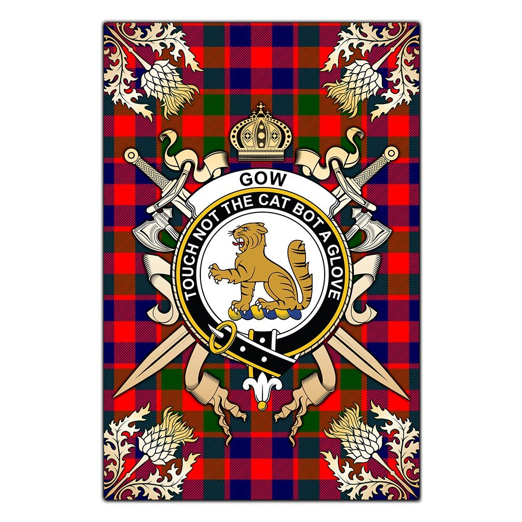 Clan Gow of McGouan Tartan Crest Black Garden Flag  - Gold Thistle  IN80 Clan Gow Tartan Today   