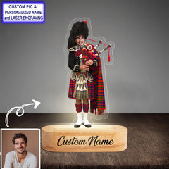 Custom Bagpipe Gow Modern Tartan LED Night Light - Personalized Scottish Bagpiper Figurine with Wooden Stand