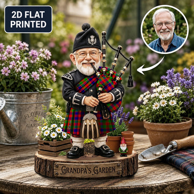 Personalized Gow (or McGouan) Clan Bagpipe Garden Gnome Caricature Plaque Custom Photo, Any Clan Tartan, Wood or Acrylic, Grandpa & Dad Gift, Scottish Highland Garden Decor CA18