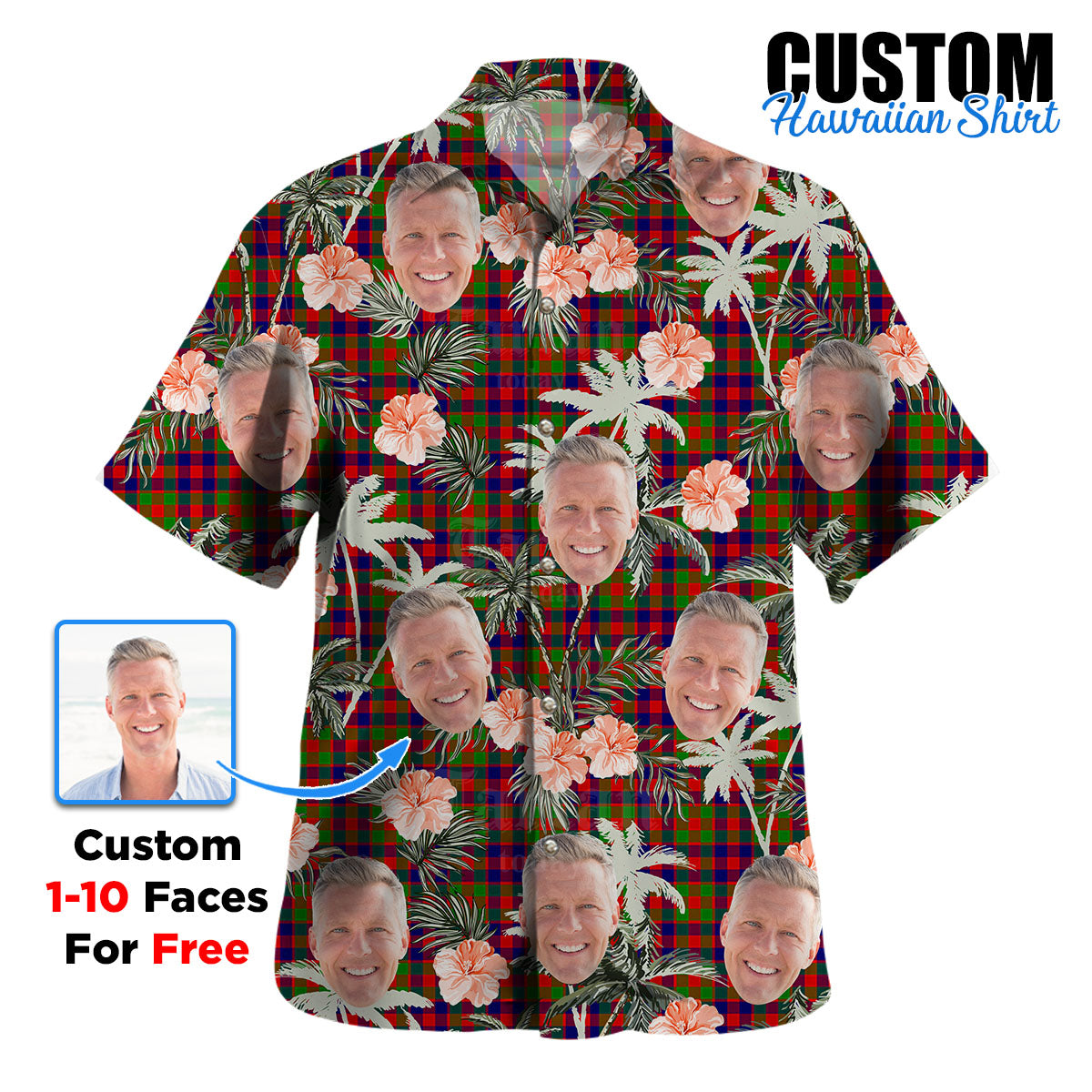 Clan Gow (or McGouan) Tartan Custom Face Hawaiian Shirt – Unisex Gift for Family Members, Summer Party JU41 Gow (or McGouan) Tartan Tartan Hawaii Shirt