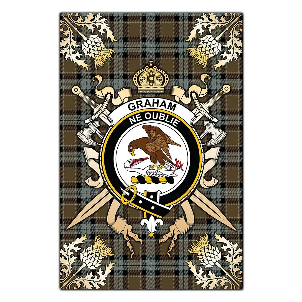 Clan Graham of Menteith Weathered Tartan Crest Black Garden Flag  - Gold Thistle  XD85 Clan Graham Tartan Today   