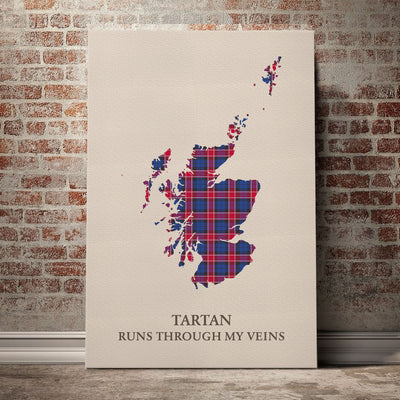 Clan Graham of Menteith Red Tartan Scotland Map Canvas “Tartan Runs Through My Veins” Wall Art DW79