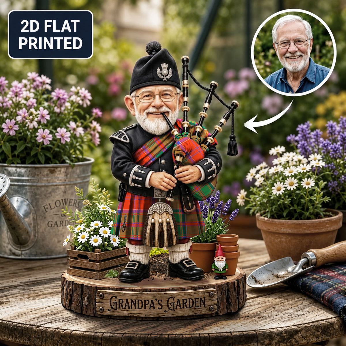 Personalized Grant Ancient Clan Bagpipe Garden Gnome Caricature Plaque Custom Photo, Any Clan Tartan, Wood or Acrylic, Grandpa & Dad Gift, Scottish Highland Garden Decor PF13