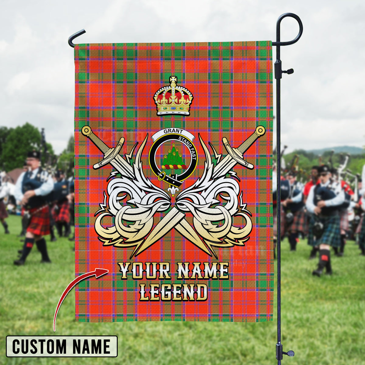 Personalized Custom Name Clan Grant Ancient Tartan Garden Flag with Clan Crest and the Golden Sword of Courageous Legacy CG68 - Grant Ancient Tartan Design, Scottish Heritage Gift