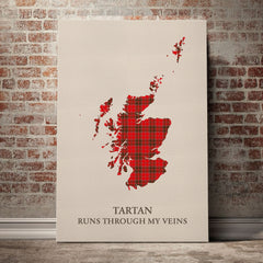 Grant Weathered Tartan Scotland Map Canvas – “Tartan Runs Through My Veins” Wall Art