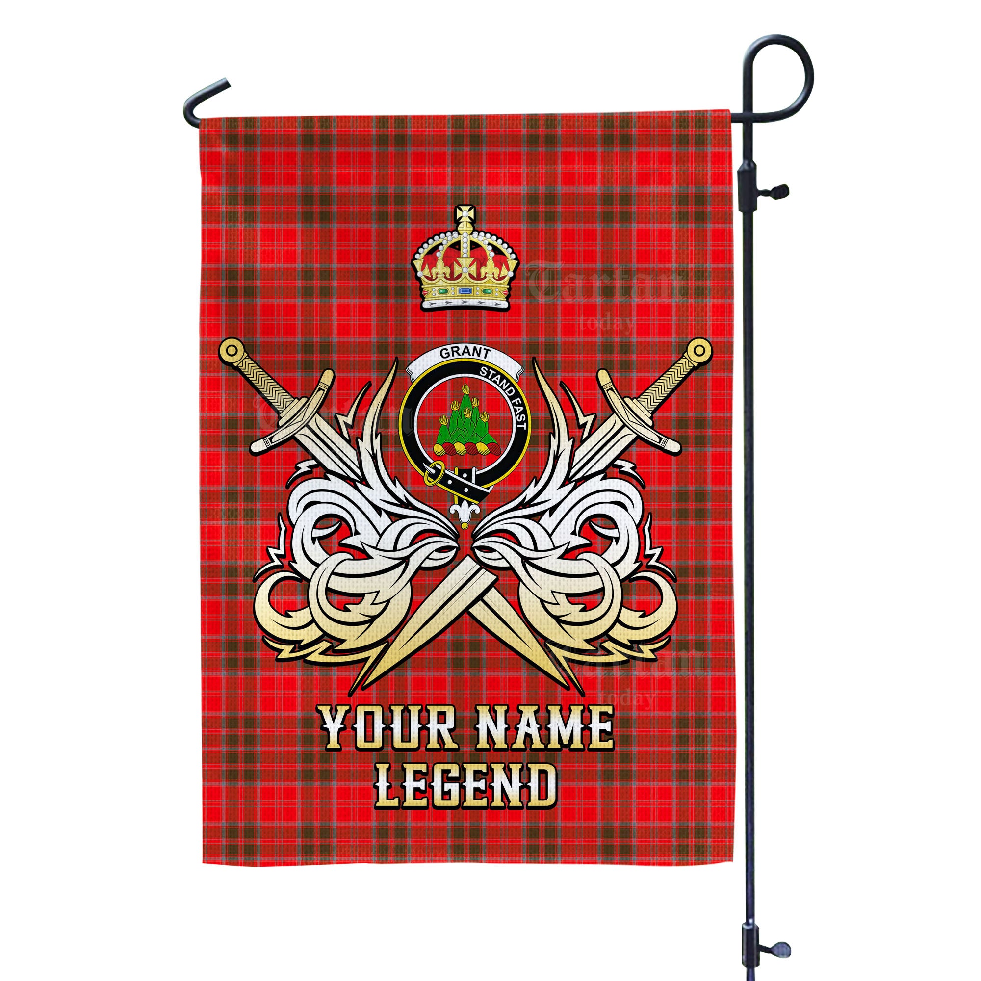 Custom Name Clan Grant Weathered Tartan Garden Flag with Clan Crest and the Golden Sword of Courageous Legacy DM66