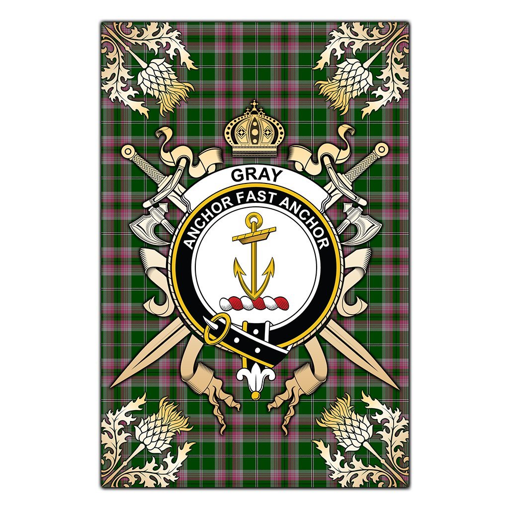 Clan Gray Hunting Tartan Crest Black Garden Flag  - Gold Thistle  YP40 Clan Gray Tartan Today   