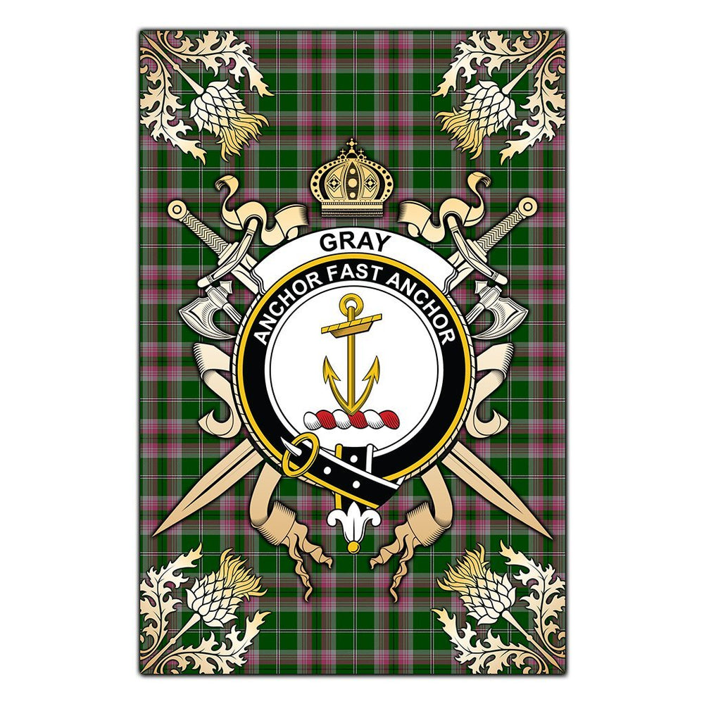 Clan Gray Hunting Tartan Crest Black Garden Flag  - Gold Thistle  YP40 Clan Gray Tartan Today   