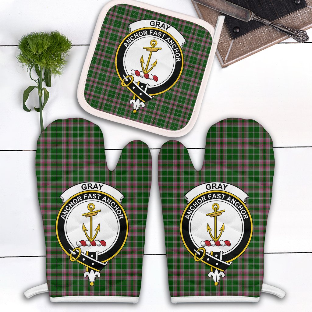 Clan Gray Hunting Tartan Crest Oven Mitt And Pot Holder (2 Oven Mitts + 1 Pot Holder) HB73 Clan Gray Tartan Today   