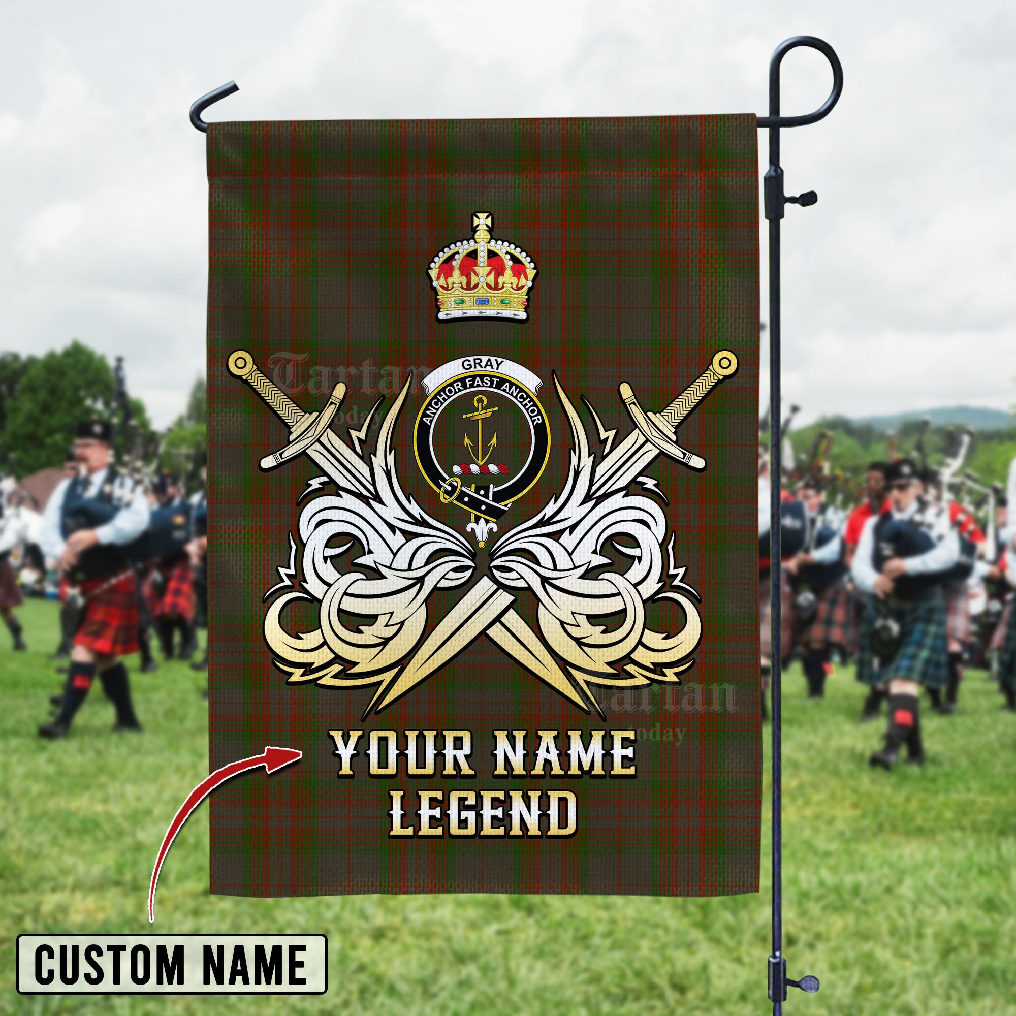 Personalized Custom Name Clan Gray Tartan Garden Flag with Clan Crest and the Golden Sword of Courageous Legacy OU36 - Gray Tartan Design, Scottish Heritage Gift