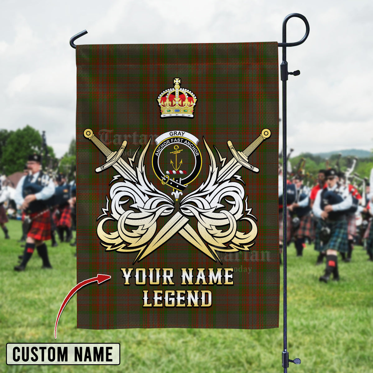 Personalized Custom Name Clan Gray Tartan Garden Flag with Clan Crest and the Golden Sword of Courageous Legacy OU36 - Gray Tartan Design, Scottish Heritage Gift