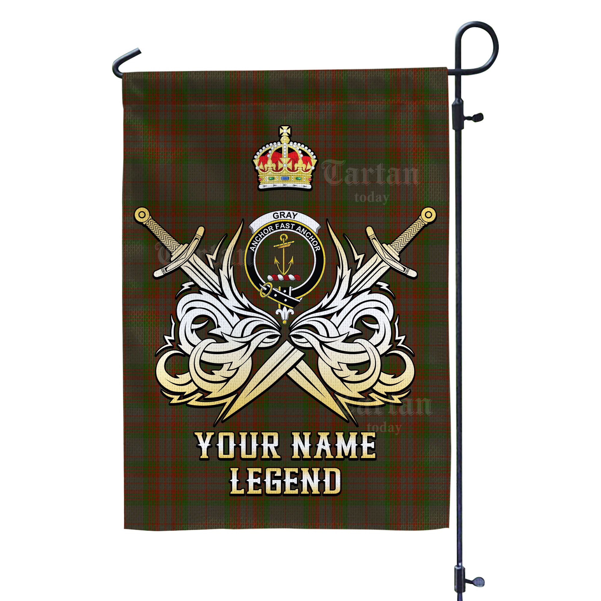 Custom Name Clan Gray Tartan Garden Flag with Clan Crest and the Golden Sword of Courageous Legacy OU36