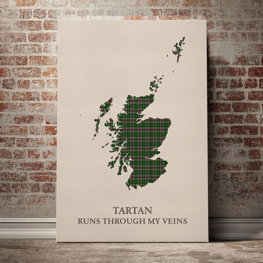Gray Hunting Tartan Scotland Map Canvas – “Tartan Runs Through My Veins” Wall Art
