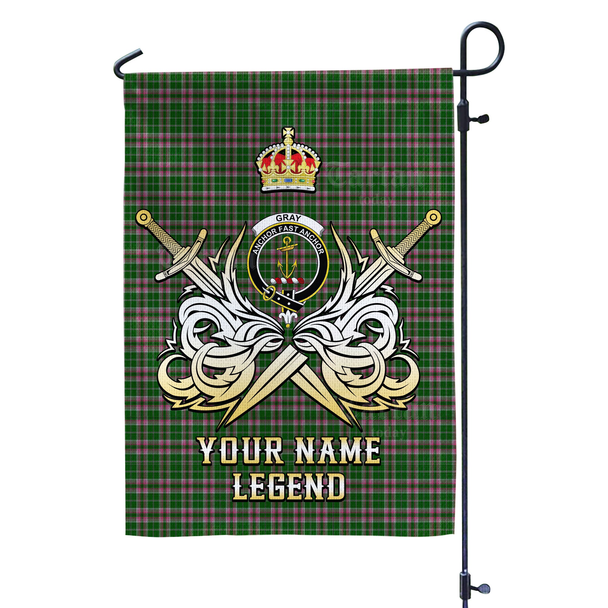 Custom Name Clan Gray Hunting Tartan Garden Flag with Clan Crest and the Golden Sword of Courageous Legacy XT81