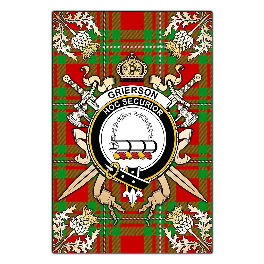 Clan Grierson Tartan Crest Black Garden Flag  - Gold Thistle  TM22 Clan Grierson Tartan Today   