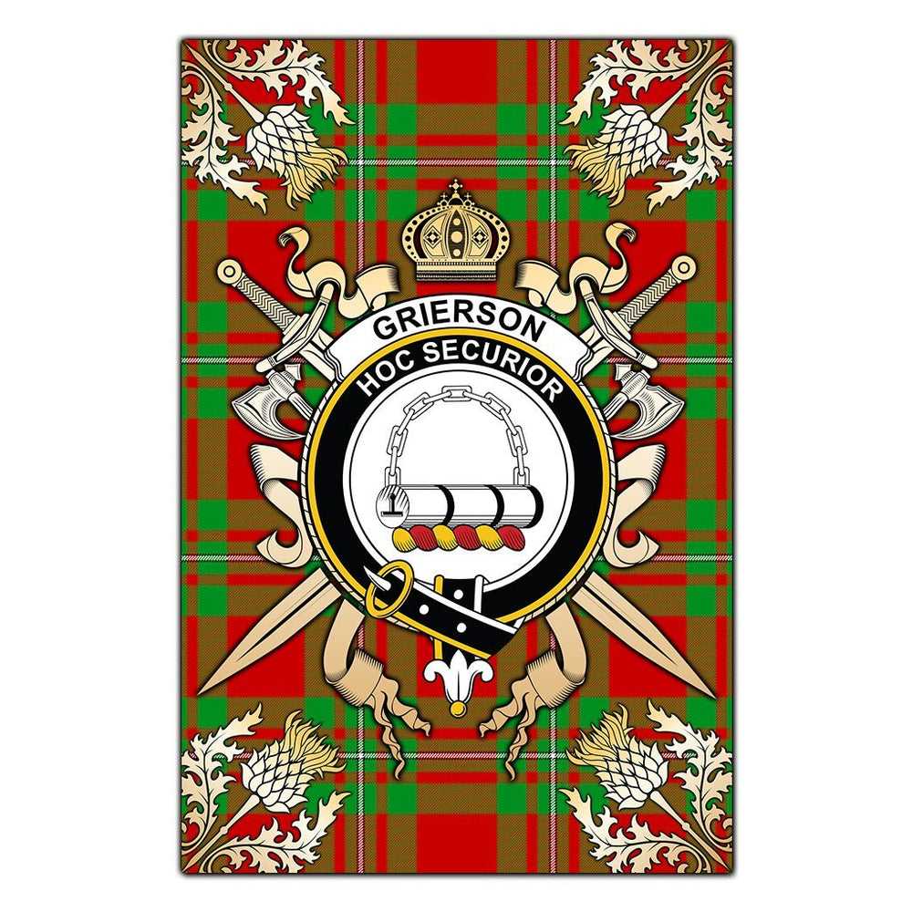 Clan Grierson Tartan Crest Black Garden Flag  - Gold Thistle  TM22 Clan Grierson Tartan Today   