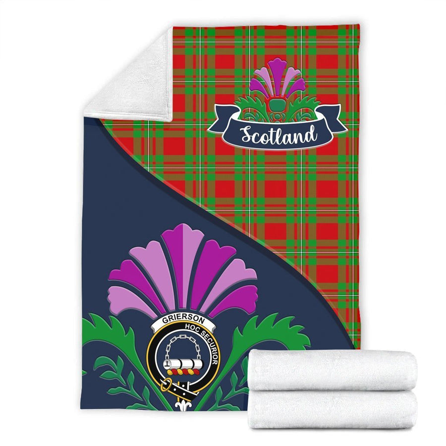 Clan Grierson Tartan Crest Premium Blanket Thistle Style