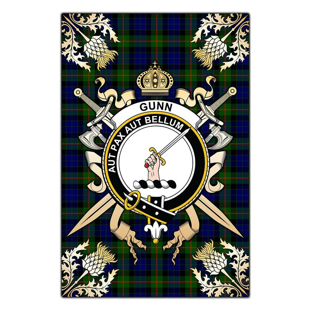 Clan Gunn Modern Tartan Crest Black Garden Flag  - Gold Thistle  YP30 Clan Gunn Tartan Today   