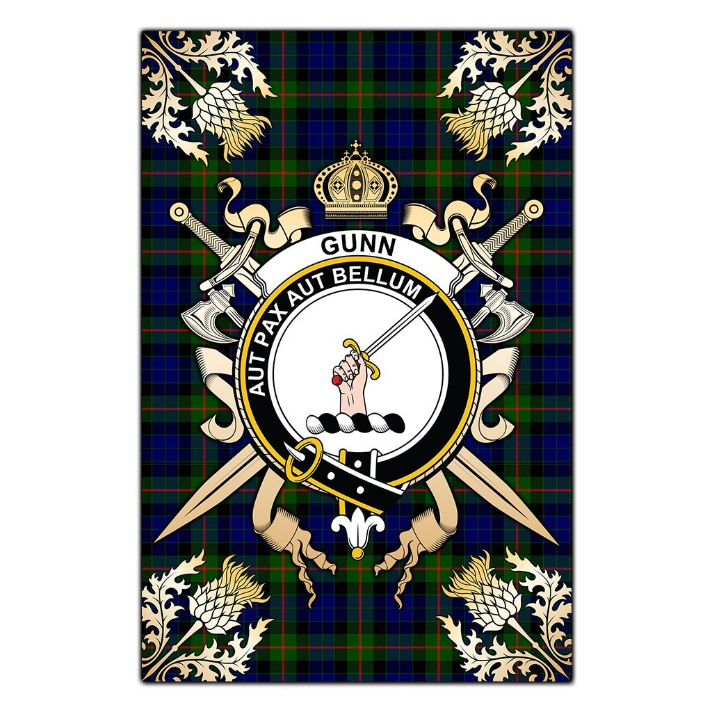 Clan Gunn Modern Tartan Crest Black Garden Flag  - Gold Thistle  YP30 Clan Gunn Tartan Today   