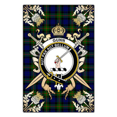 Clan Gunn Modern Tartan Crest Black Garden Flag  - Gold Thistle  YP30 Clan Gunn Tartan Today   
