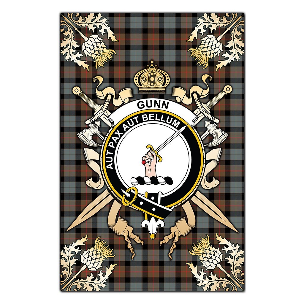 Clan Gunn Weathered Tartan Crest Black Garden Flag  - Gold Thistle  FJ87 Clan Gunn Tartan Today   