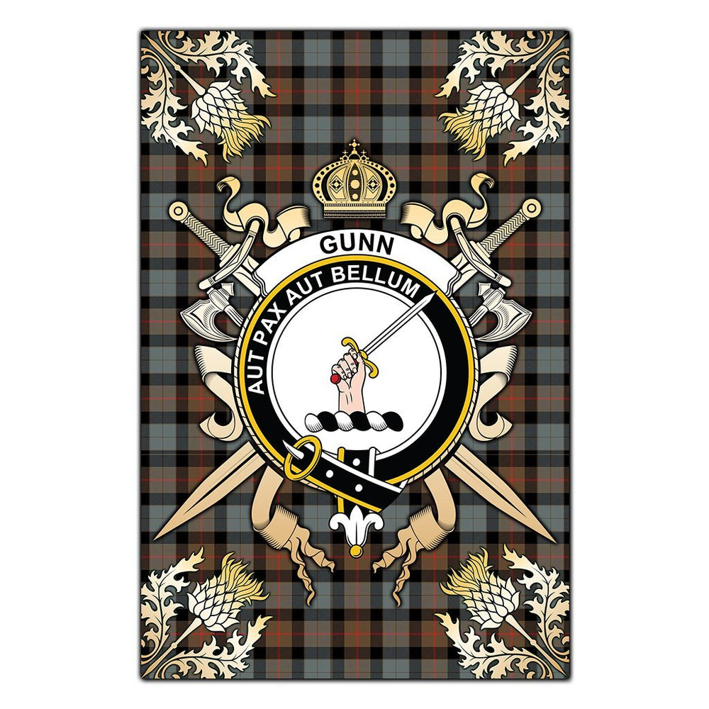 Clan Gunn Weathered Tartan Crest Black Garden Flag  - Gold Thistle  FJ87 Clan Gunn Tartan Today   