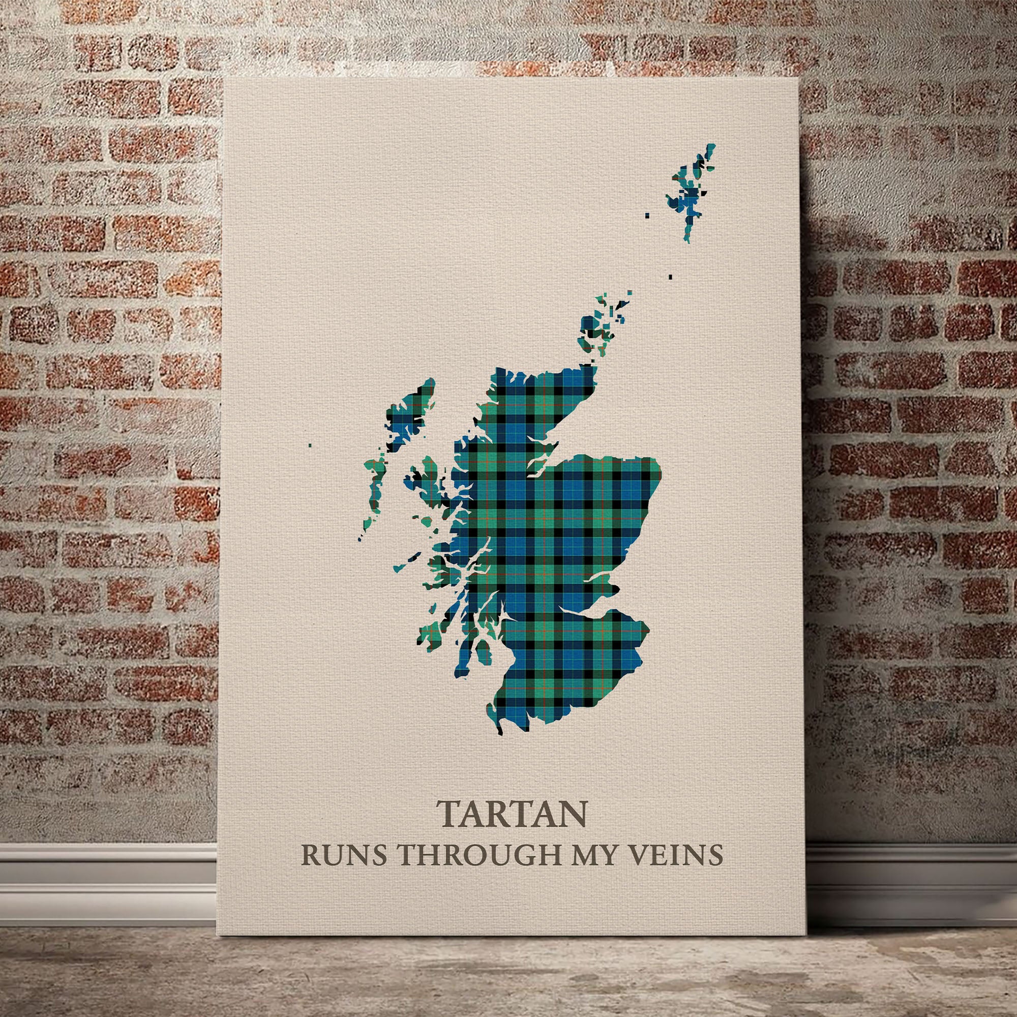 Gunn Ancient Tartan Scotland Map Canvas – “Tartan Runs Through My Veins” Wall Art