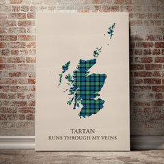 Gunn Ancient Tartan Scotland Map Canvas – “Tartan Runs Through My Veins” Wall Art