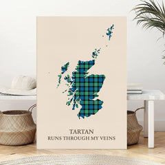 Clan Gunn Ancient Tartan Scotland Map Canvas “Tartan Runs Through My Veins” Wall Art OZ47