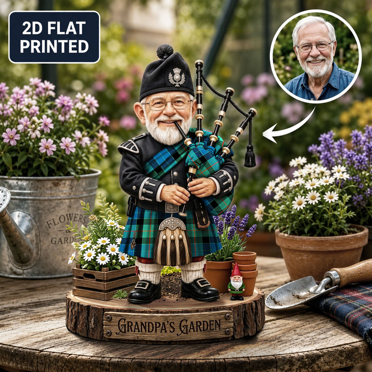 Personalized Gunn Ancient Clan Bagpipe Garden Gnome Caricature Plaque Custom Photo, Any Clan Tartan, Wood or Acrylic, Grandpa & Dad Gift, Scottish Highland Garden Decor GX35